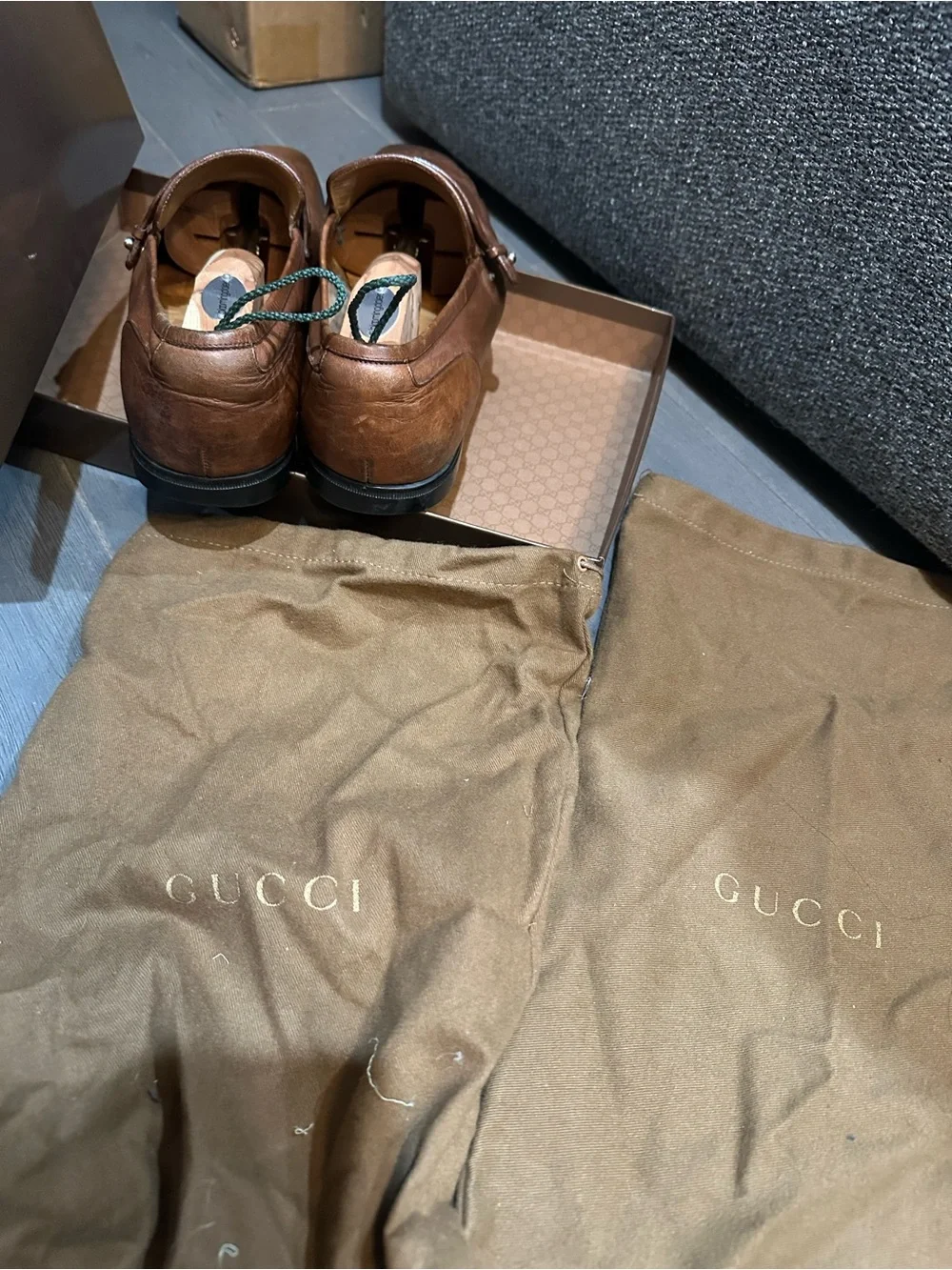 Gucci Brown Leather Men’s Slip-On Loafers with Green and Red Web